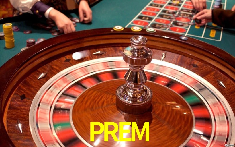 Escena dinámica inspirada en casino con iluminación PREM, cartas, fichas e íconos de juegos digitales en un espacio moderno de juegos.
