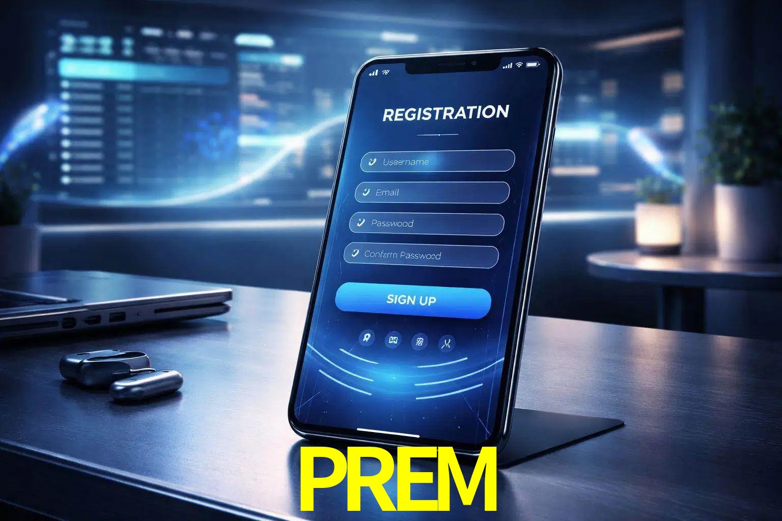Una interfaz moderna de registro móvil para PREM mostrada en un smartphone con un panel de apuestas elegante.